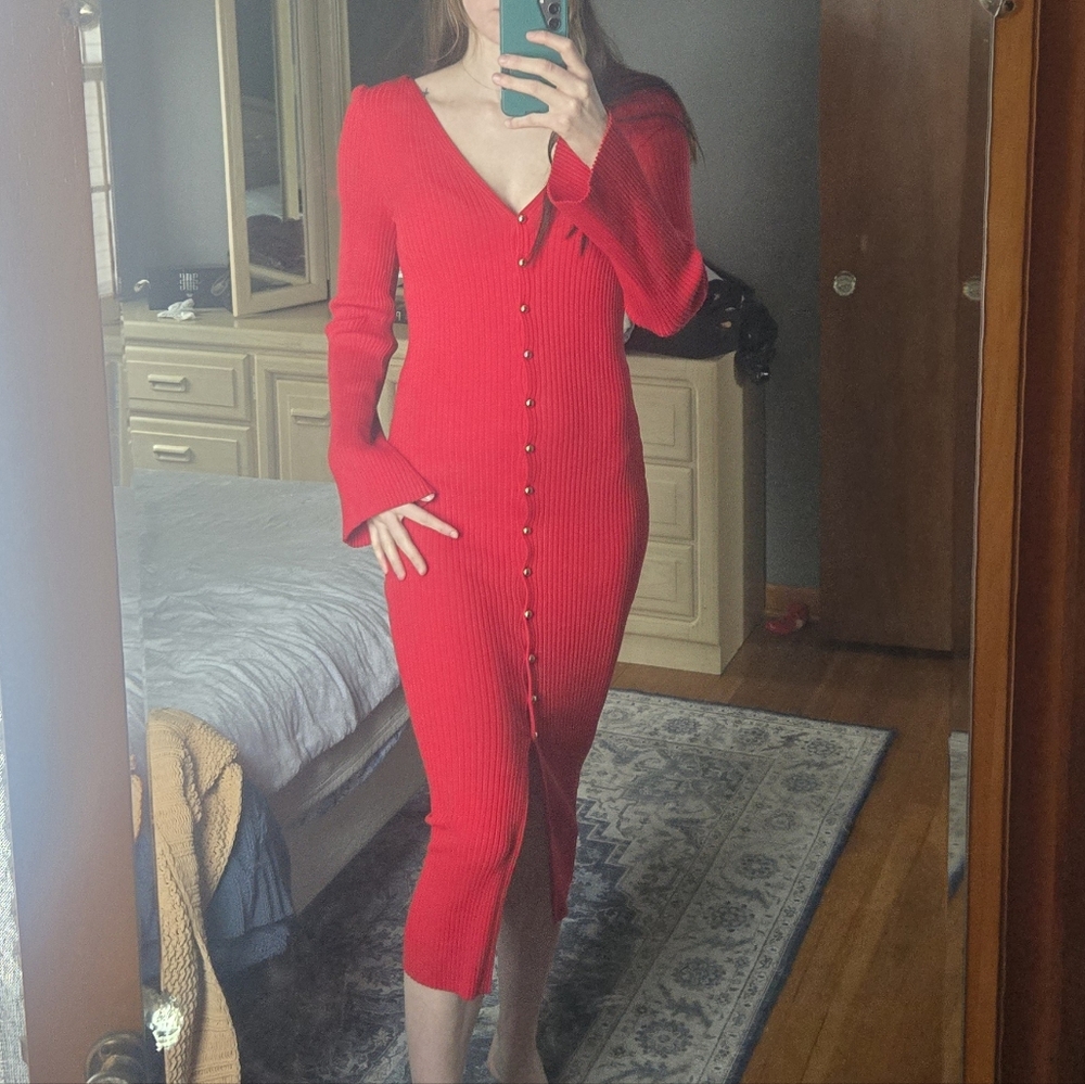 H&M Bell Sleeve Button-Front Red Knit Midi Dress